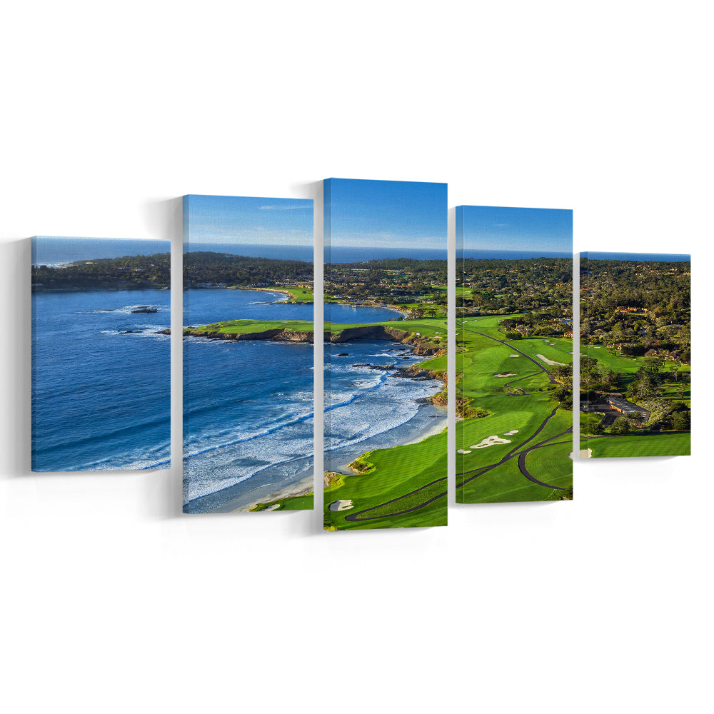 Pebble Beach Golf Links On A Clear Day Pebble Beach, California, Golf Art Print, 5 Pieces Mixed Canvas Print Wall Art
