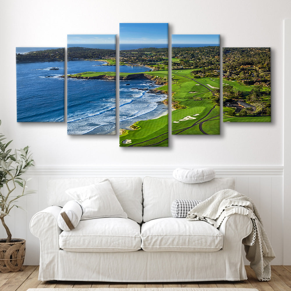 Pebble Beach Golf Links On A Clear Day Pebble Beach, California, Golf Art Print, 5 Pieces Mixed Canvas Print Wall Art