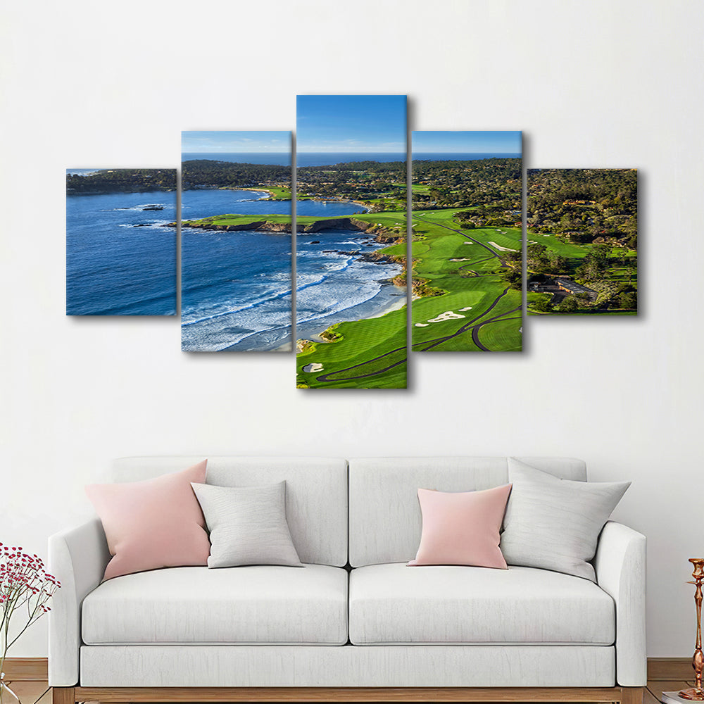 Pebble Beach Golf Links On A Clear Day Pebble Beach, California, Golf Art Print, 5 Pieces Mixed Canvas Print Wall Art