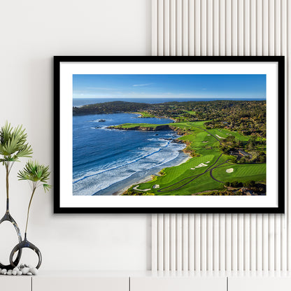 Pebble Beach Golf Links On A Clear Day Pebble Beach, California, Goft Art Print, Framed Art Print White Border Wall Decor