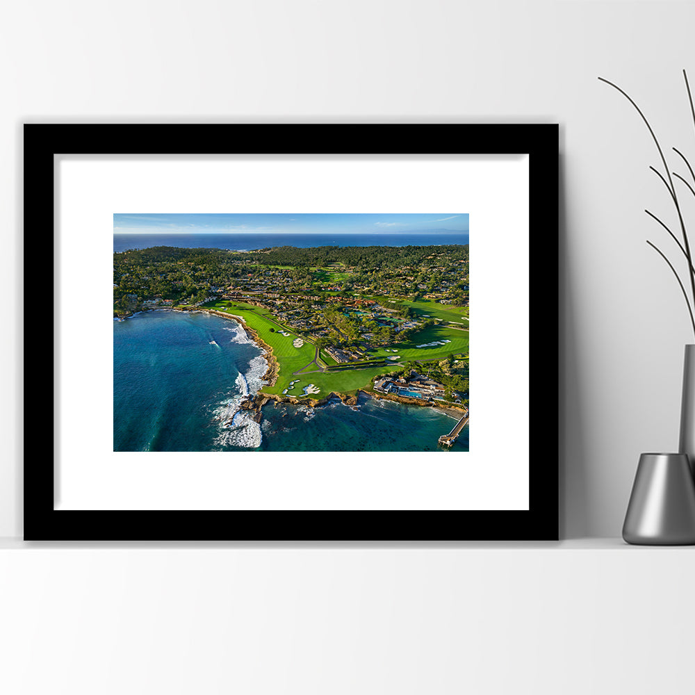 Pebble Beach Golf Links Aerial Hole 17 & 18, Welcome Home, California, Goft Art Print, Framed Art Print White Border