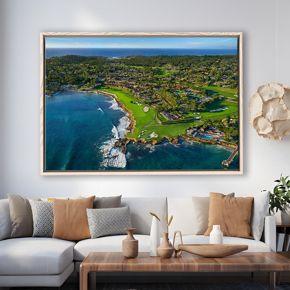 Pebble Beach Golf Links Aerial Hole 17 & 18, Welcome Home, California, Framed Canvas Print Wall Art