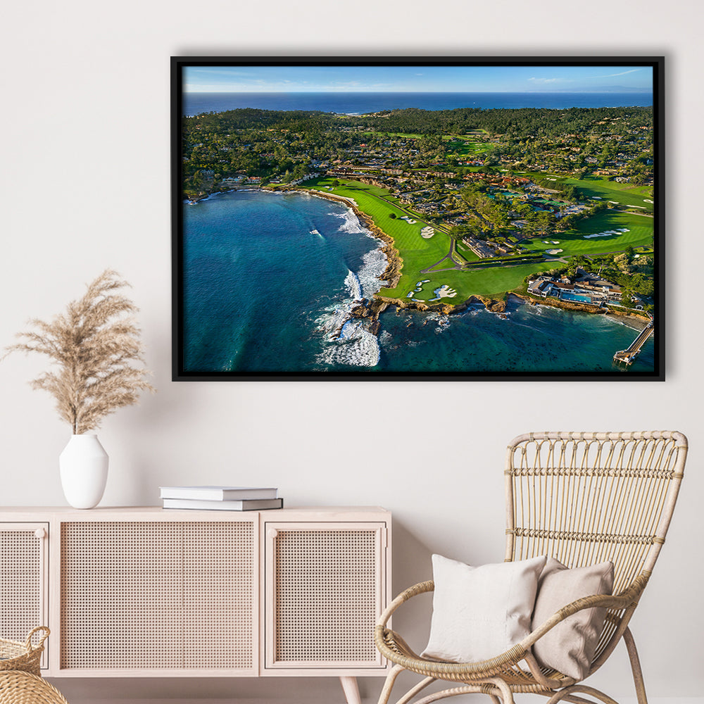 Pebble Beach Golf Links Aerial Hole 17 & 18, Welcome Home, California, Framed Canvas Print Wall Art