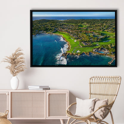 Pebble Beach Golf Links Aerial Hole 17 & 18, Welcome Home, California, Framed Canvas Print Wall Art