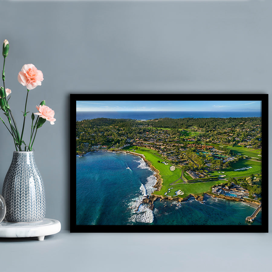 Pebble Beach Golf Links Aerial Hole 17 & 18, Welcome Home, California, Framed Art Print Wall Decor, Picture Framed