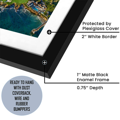 Pebble Beach Golf Links Aerial Hole 17 & 18, Welcome Home, California, Goft Art Print, Framed Art Print White Border