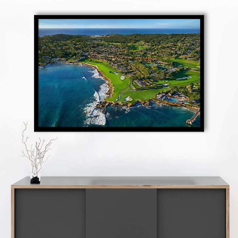 Pebble Beach Golf Links Aerial Hole 17 & 18, Welcome Home, California, Framed Art Print Wall Decor, Picture Framed
