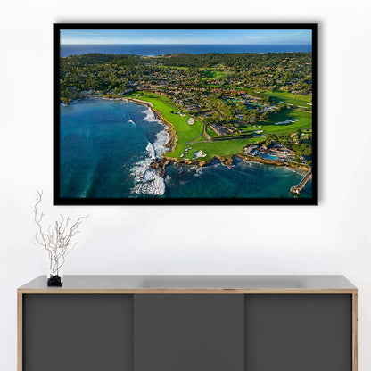 Pebble Beach Golf Links Aerial Hole 17 & 18, Welcome Home, California, Framed Art Print Wall Decor, Picture Framed