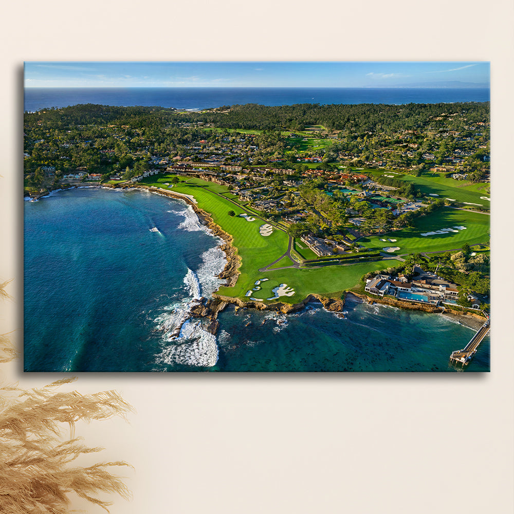 Pebble Beach Golf Links Aerial Hole 17 & 18, Welcome Home, California, Golf Art Print