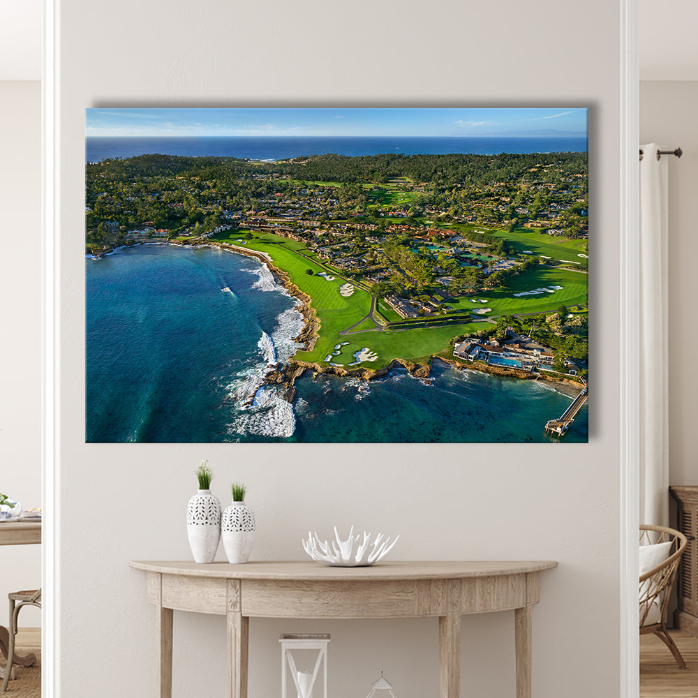Pebble Beach Golf Links Aerial Hole 17 & 18, Welcome Home, California, Golf Art Print