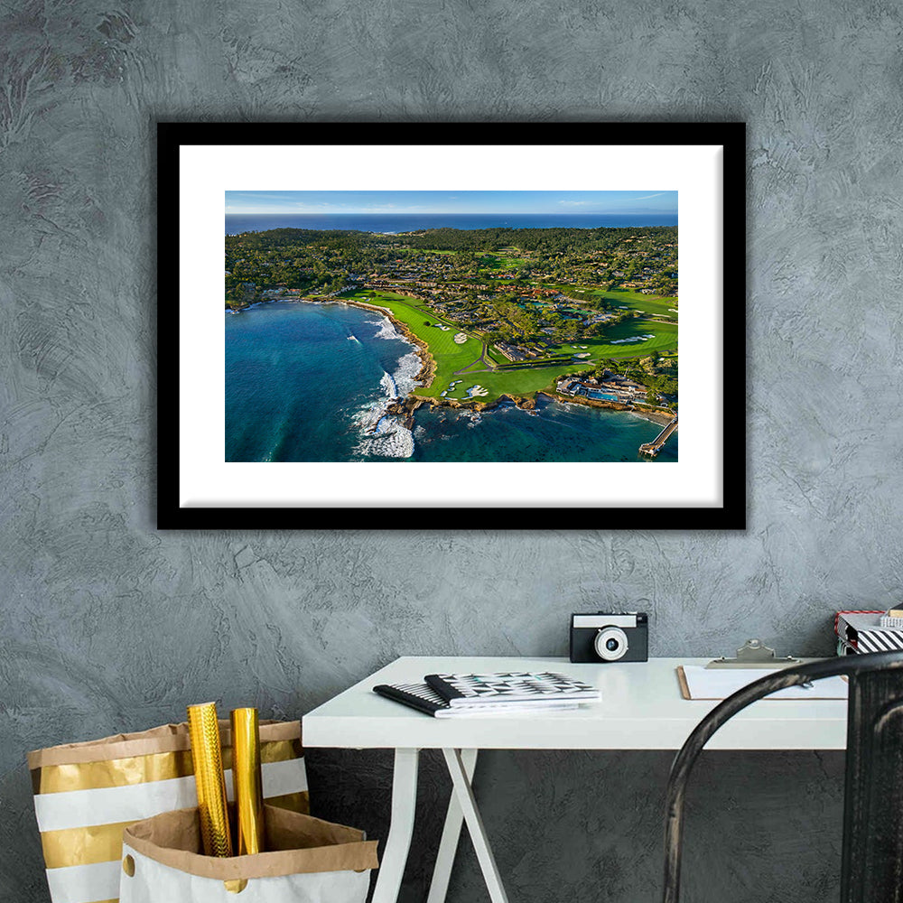 Pebble Beach Golf Links Aerial Hole 17 & 18, Welcome Home, California, Goft Art Print, Framed Art Print White Border