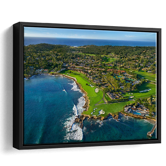 Pebble Beach Golf Links Aerial Hole 17 & 18, Welcome Home, California, Framed Canvas Print Wall Art