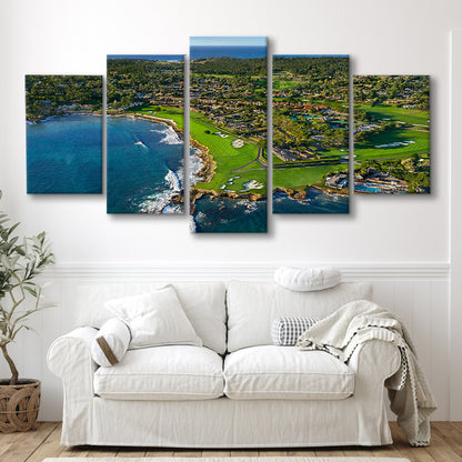 Pebble Beach Golf Links Aerial Hole 17 & 18, Welcome Home, California, 5 Pieces Mixed Canvas Print Wall Art