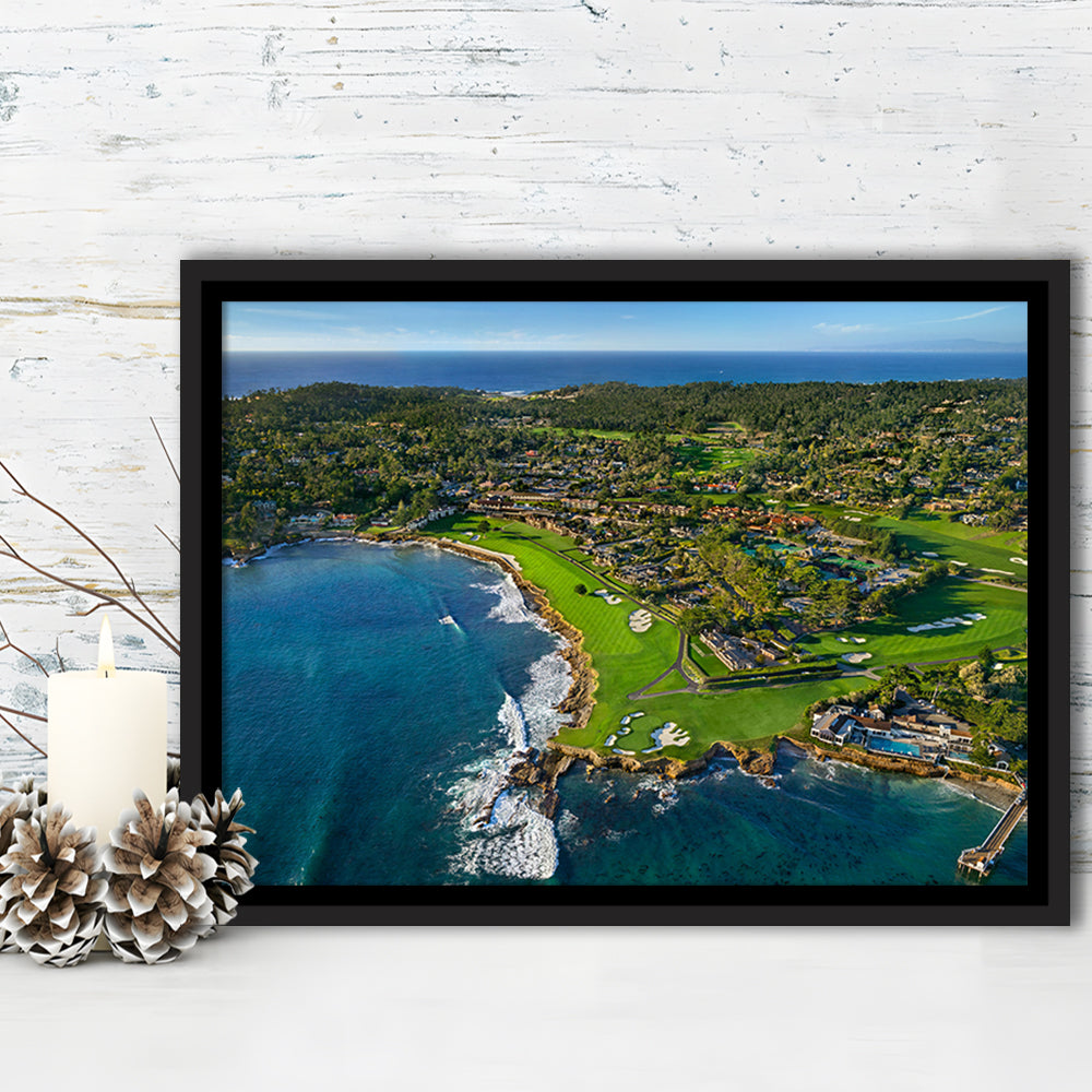 Pebble Beach Golf Links Aerial Hole 17 & 18, Welcome Home, California, Framed Canvas Print Wall Art
