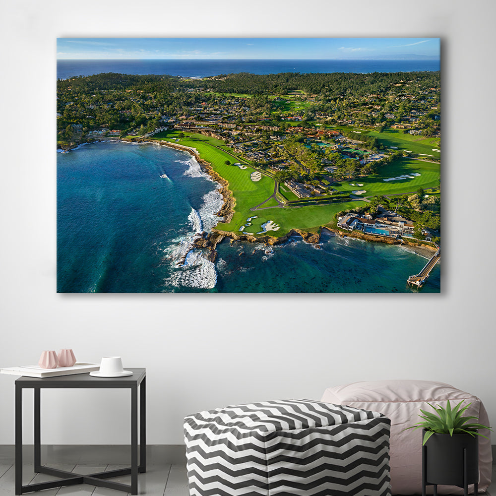 Pebble Beach Golf Links Aerial Hole 17 & 18, Welcome Home, California, Golf Art Print