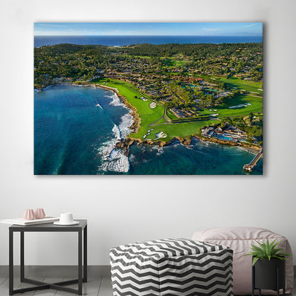 Pebble Beach Golf Links Aerial Hole 17 & 18, Welcome Home, California, Golf Art Print