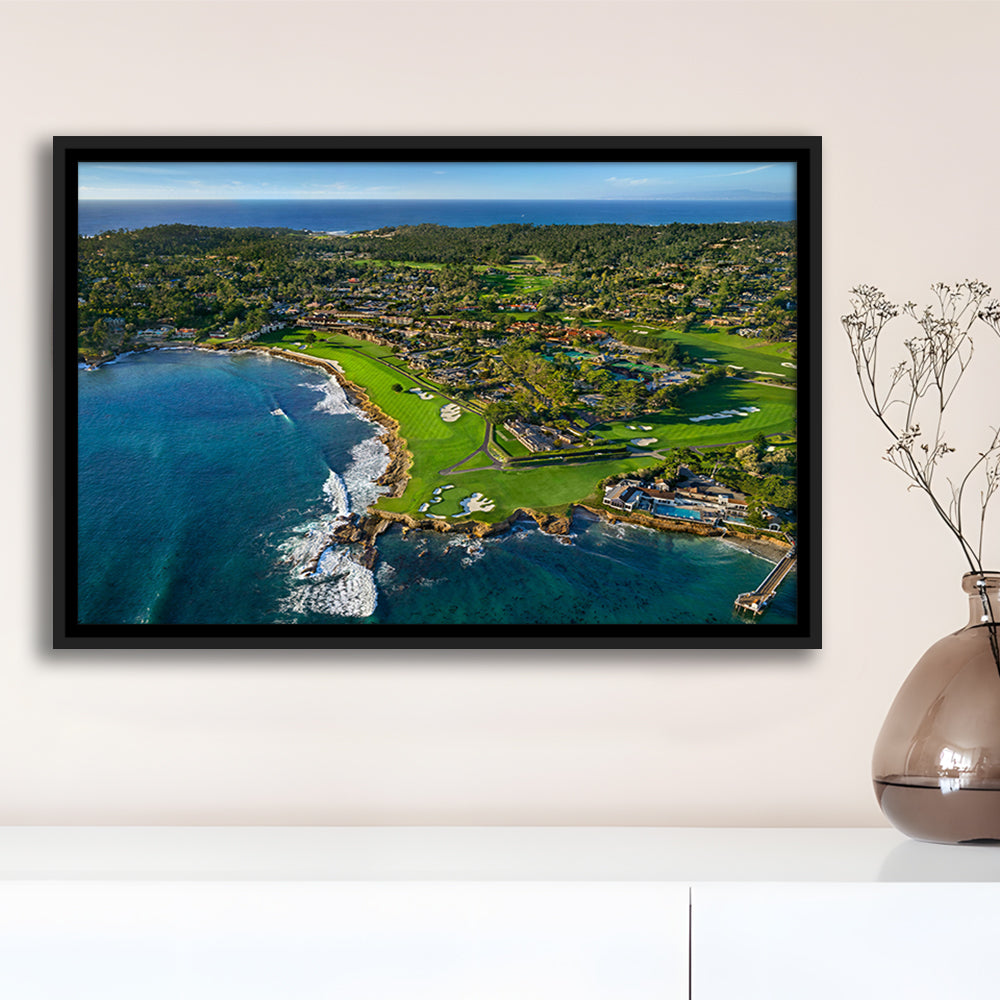 Pebble Beach Golf Links Aerial Hole 17 & 18, Welcome Home, California, Framed Canvas Print Wall Art