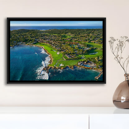 Pebble Beach Golf Links Aerial Hole 17 & 18, Welcome Home, California, Framed Canvas Print Wall Art