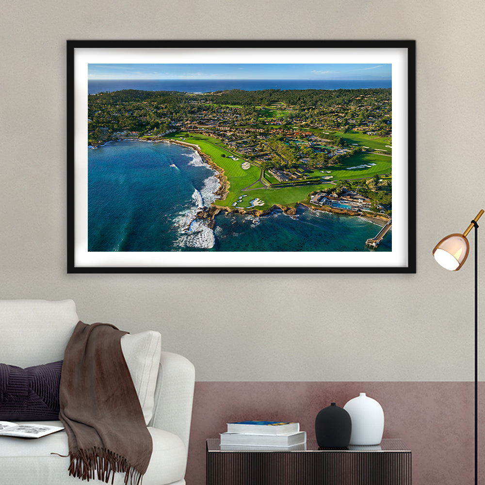 Pebble Beach Golf Links Aerial Hole 17 & 18, Welcome Home, California, Goft Art Print, Framed Art Print White Border