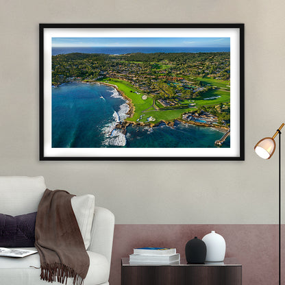 Pebble Beach Golf Links Aerial Hole 17 & 18, Welcome Home, California, Goft Art Print, Framed Art Print White Border