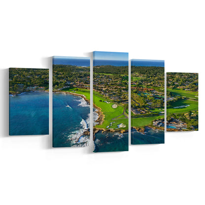 Pebble Beach Golf Links Aerial Hole 17 & 18, Welcome Home, California, 5 Pieces Mixed Canvas Print Wall Art