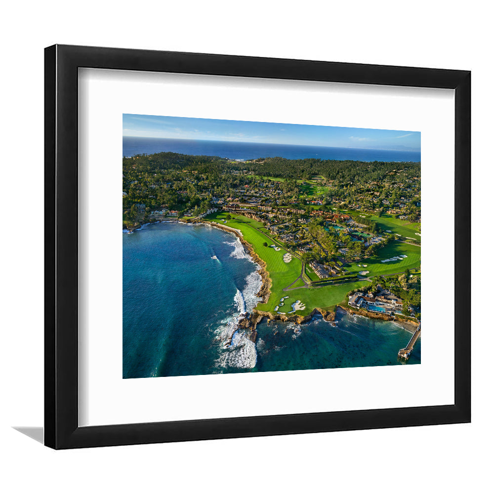 Pebble Beach Golf Links Aerial Hole 17 & 18, Welcome Home, California, Goft Art Print, Framed Art Print White Border