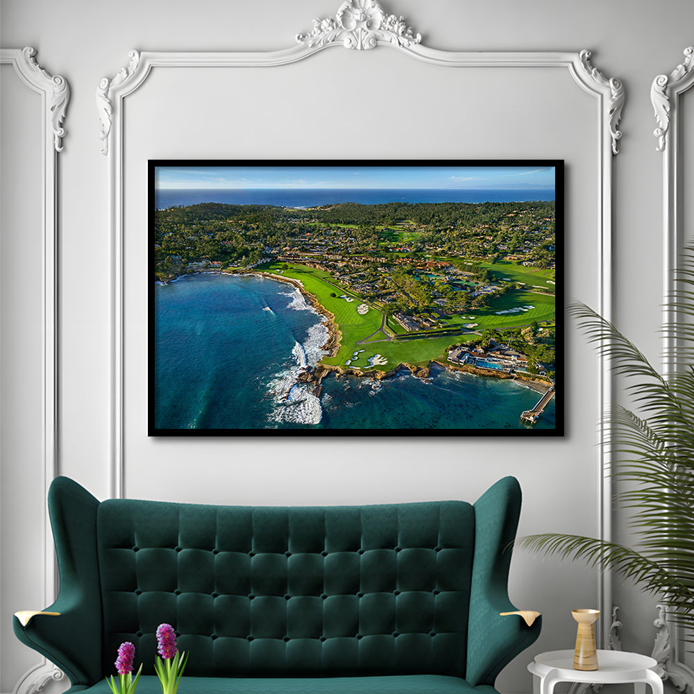 Pebble Beach Golf Links Aerial Hole 17 & 18, Welcome Home, California, Framed Art Print Wall Decor, Picture Framed