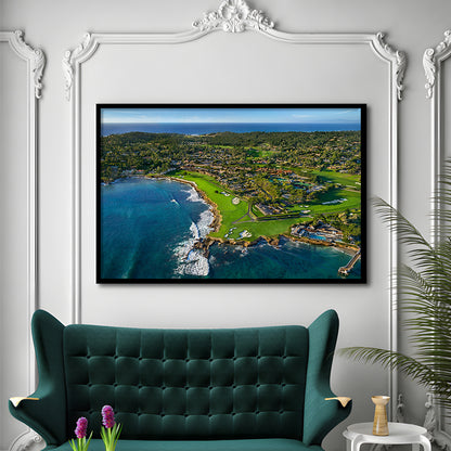 Pebble Beach Golf Links Aerial Hole 17 & 18, Welcome Home, California, Framed Art Print Wall Decor, Picture Framed