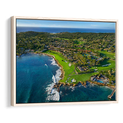 Pebble Beach Golf Links Aerial Hole 17 & 18, Welcome Home, California, Framed Canvas Print Wall Art