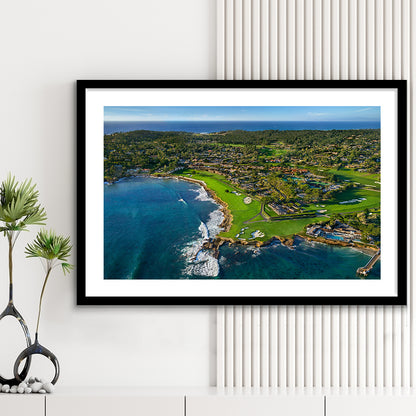Pebble Beach Golf Links Aerial Hole 17 & 18, Welcome Home, California, Goft Art Print, Framed Art Print White Border