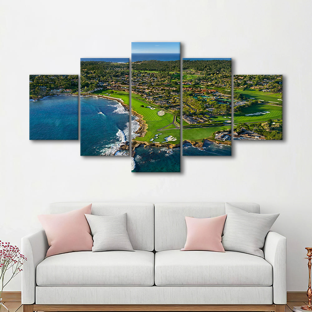 Pebble Beach Golf Links Aerial Hole 17 & 18, Welcome Home, California, 5 Pieces Mixed Canvas Print Wall Art