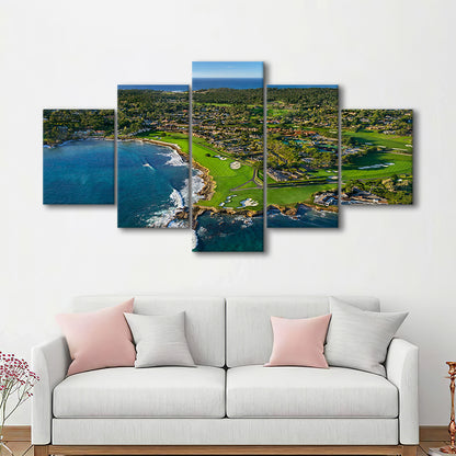 Pebble Beach Golf Links Aerial Hole 17 & 18, Welcome Home, California, 5 Pieces Mixed Canvas Print Wall Art
