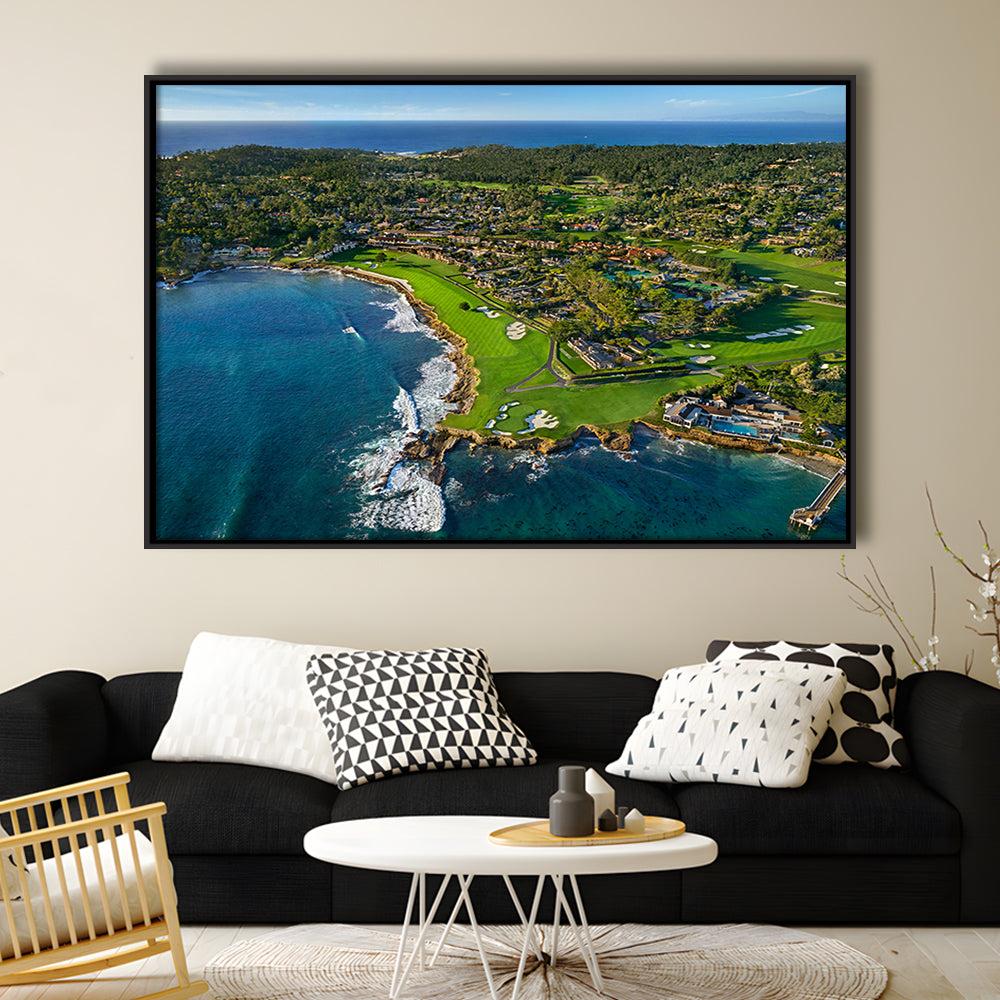 Pebble Beach Golf Links Aerial Hole 17 & 18, Welcome Home, California, Framed Canvas Print Wall Art