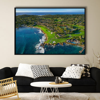 Pebble Beach Golf Links Aerial Hole 17 & 18, Welcome Home, California, Framed Canvas Print Wall Art