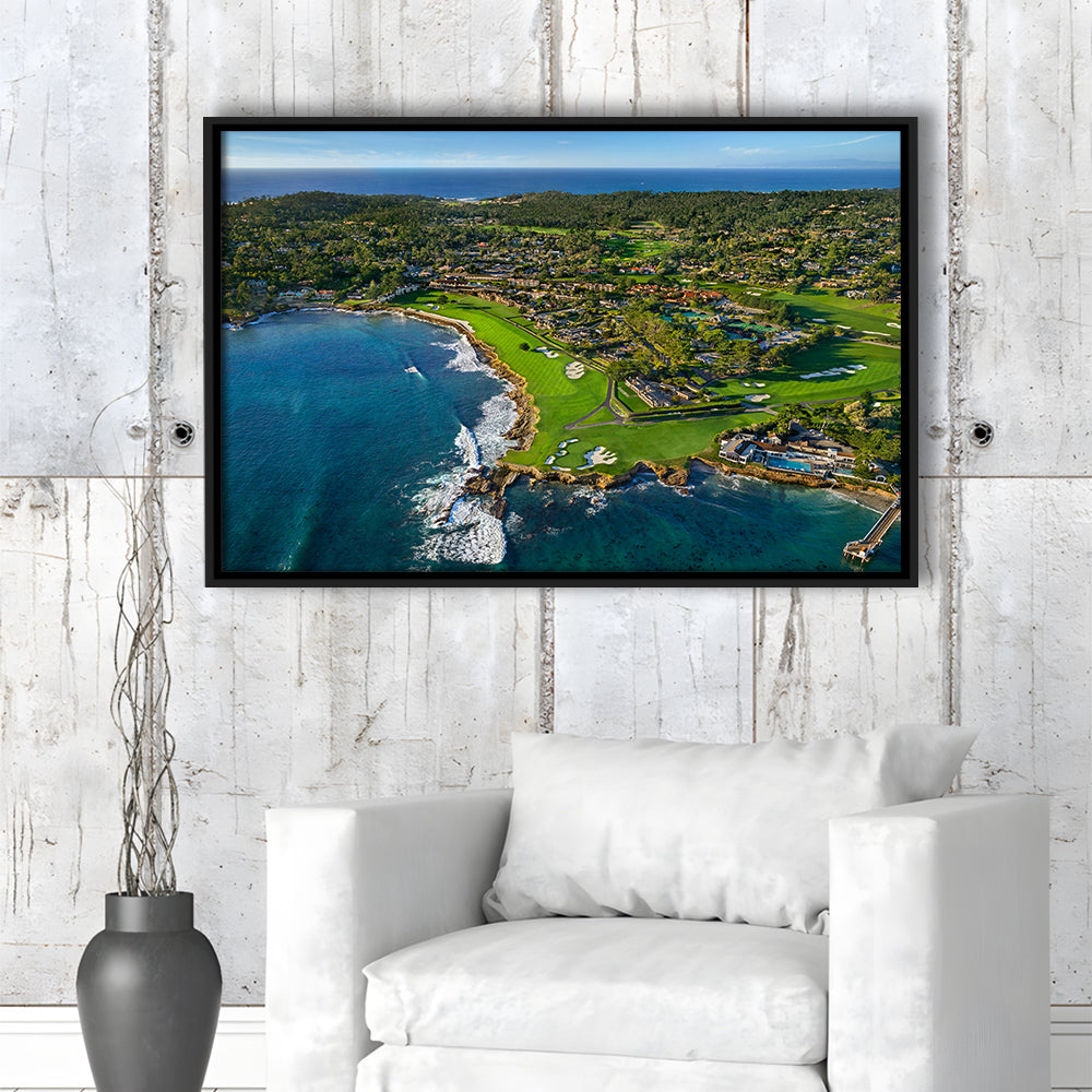 Pebble Beach Golf Links Aerial Hole 17 & 18, Welcome Home, California, Framed Canvas Print Wall Art
