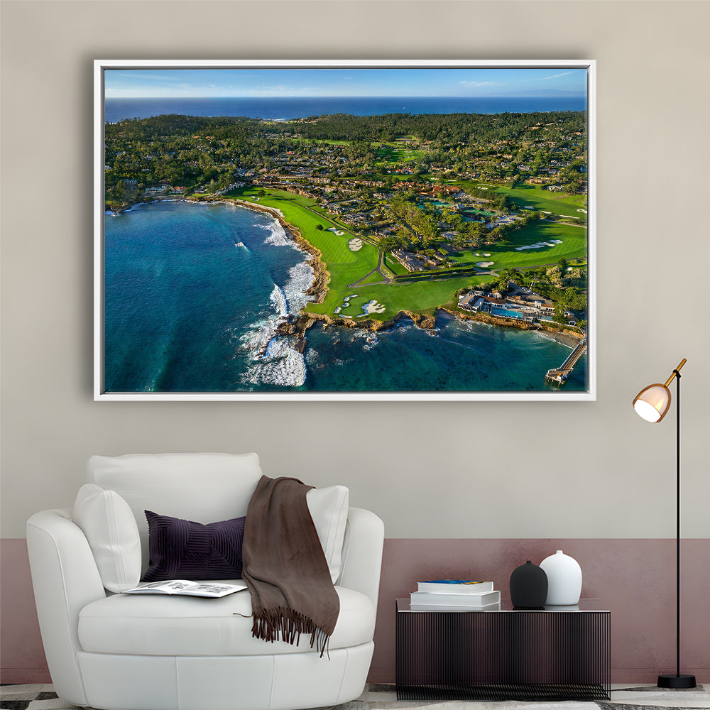 Pebble Beach Golf Links Aerial Hole 17 & 18, Welcome Home, California, Framed Canvas Print Wall Art