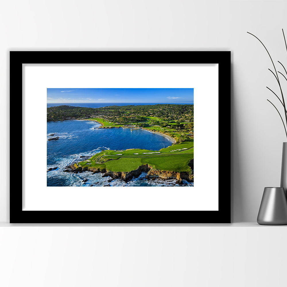 Pebble Beach Golf Links Aerial Hole 7 & 8, Arrowhead Point, California, Goft Art Print, Framed Art Print White Border