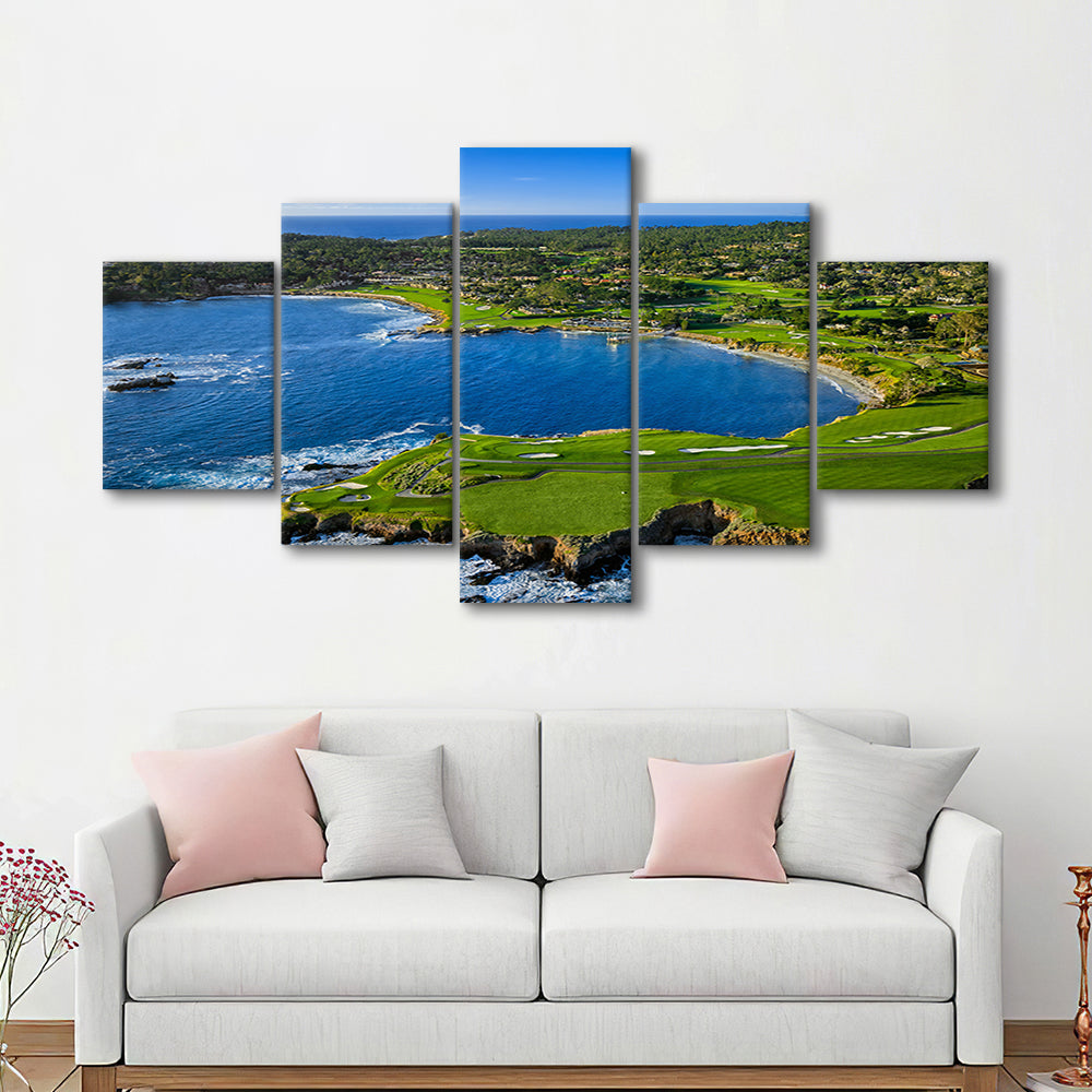 Pebble Beach Golf Links Aerial Hole 7 & 8, Arrowhead Point, California, 5 Pieces Mixed Canvas Print Wall Art