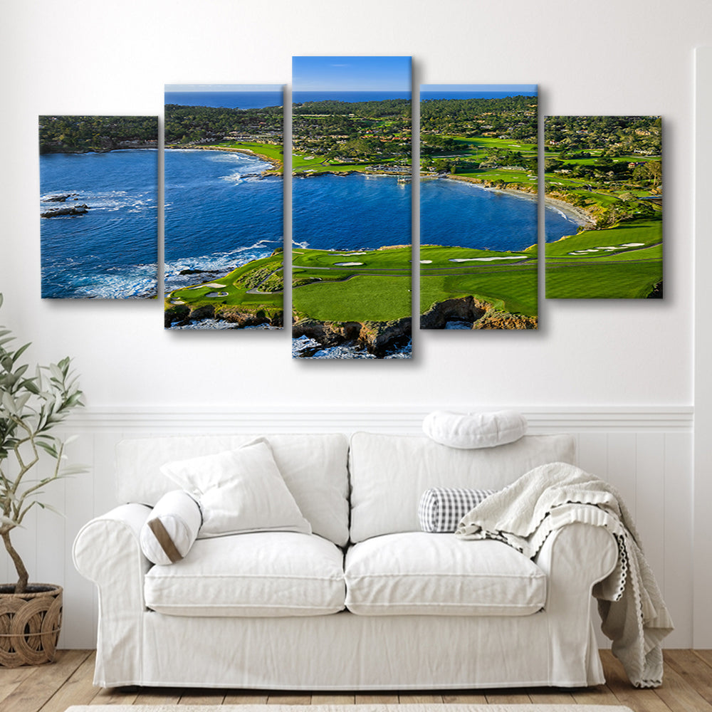 Pebble Beach Golf Links Aerial Hole 7 & 8, Arrowhead Point, California, 5 Pieces Mixed Canvas Print Wall Art