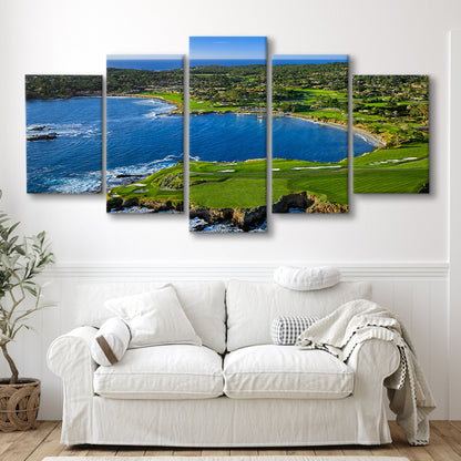 Pebble Beach Golf Links Aerial Hole 7 & 8, Arrowhead Point, California, 5 Pieces Mixed Canvas Print Wall Art