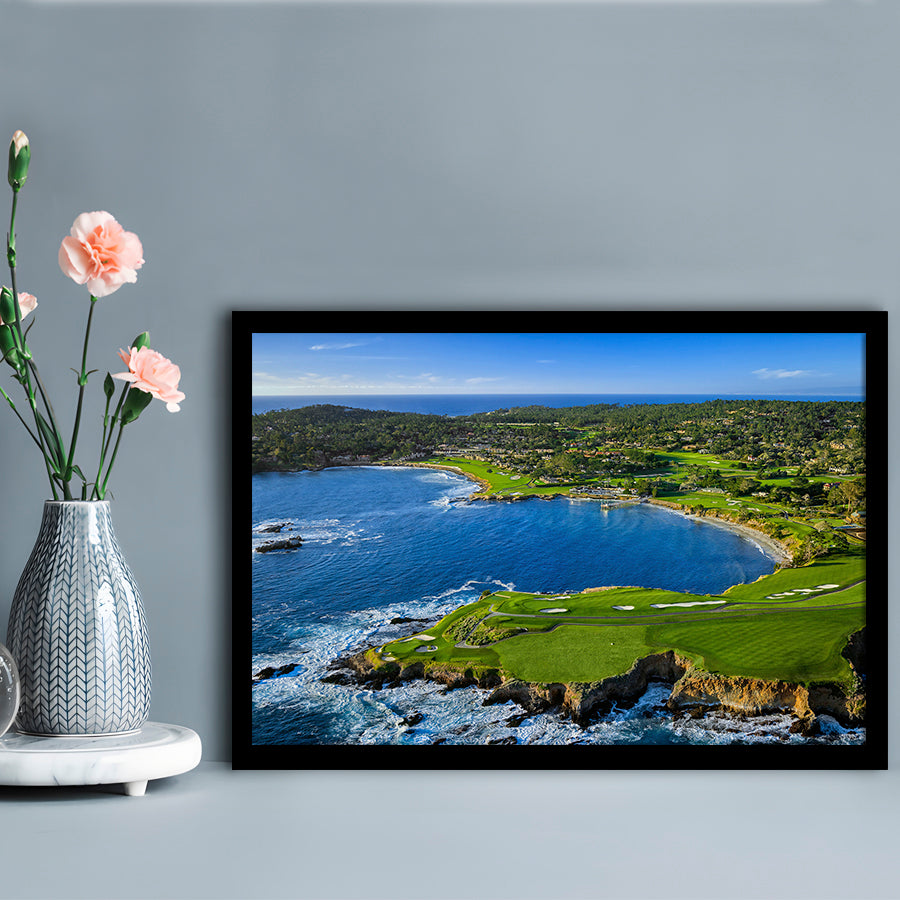 Pebble Beach Golf Links Aerial Hole 7 & 8, Arrowhead Point, California, Framed Art Print Wall Decor, Picture Framed