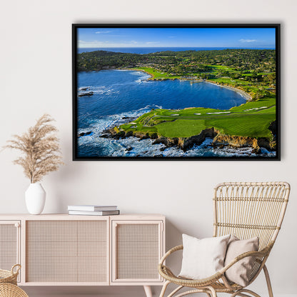 Pebble Beach Golf Links Aerial Hole 7 & 8, Arrowhead Point, California, Framed Canvas Print Wall Art