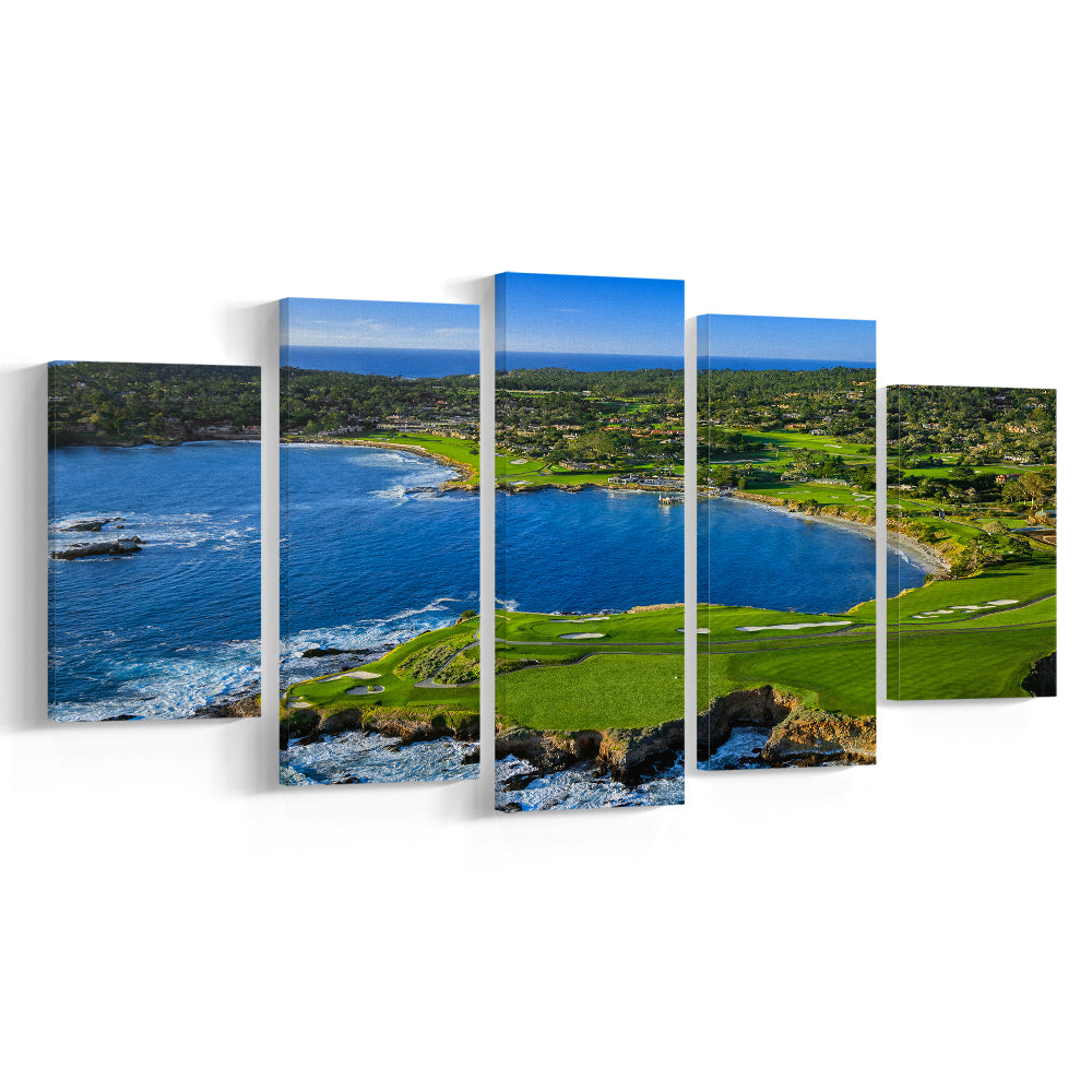 Pebble Beach Golf Links Aerial Hole 7 & 8, Arrowhead Point, California, 5 Pieces Mixed Canvas Print Wall Art