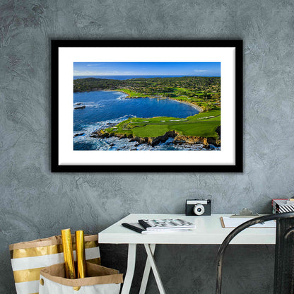 Pebble Beach Golf Links Aerial Hole 7 & 8, Arrowhead Point, California, Goft Art Print, Framed Art Print White Border