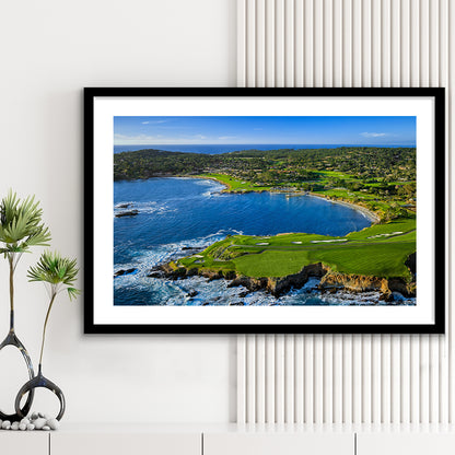Pebble Beach Golf Links Aerial Hole 7 & 8, Arrowhead Point, California, Goft Art Print, Framed Art Print White Border