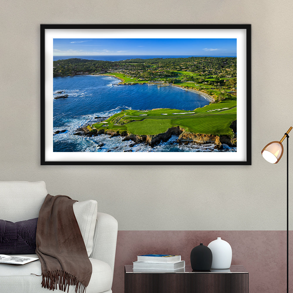 Pebble Beach Golf Links Aerial Hole 7 & 8, Arrowhead Point, California, Goft Art Print, Framed Art Print White Border