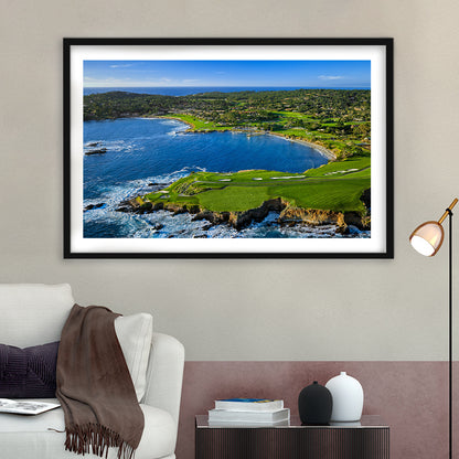 Pebble Beach Golf Links Aerial Hole 7 & 8, Arrowhead Point, California, Goft Art Print, Framed Art Print White Border