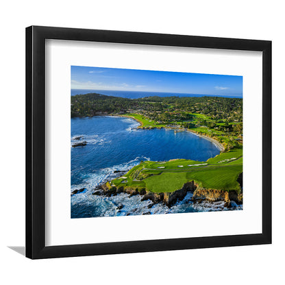 Pebble Beach Golf Links Aerial Hole 7 & 8, Arrowhead Point, California, Goft Art Print, Framed Art Print White Border