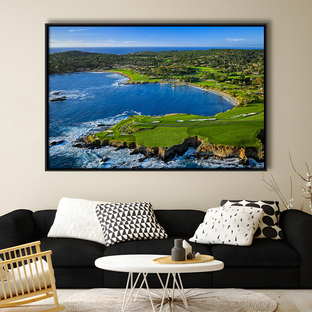 Pebble Beach Golf Links Aerial Hole 7 & 8, Arrowhead Point, California, Framed Canvas Print Wall Art