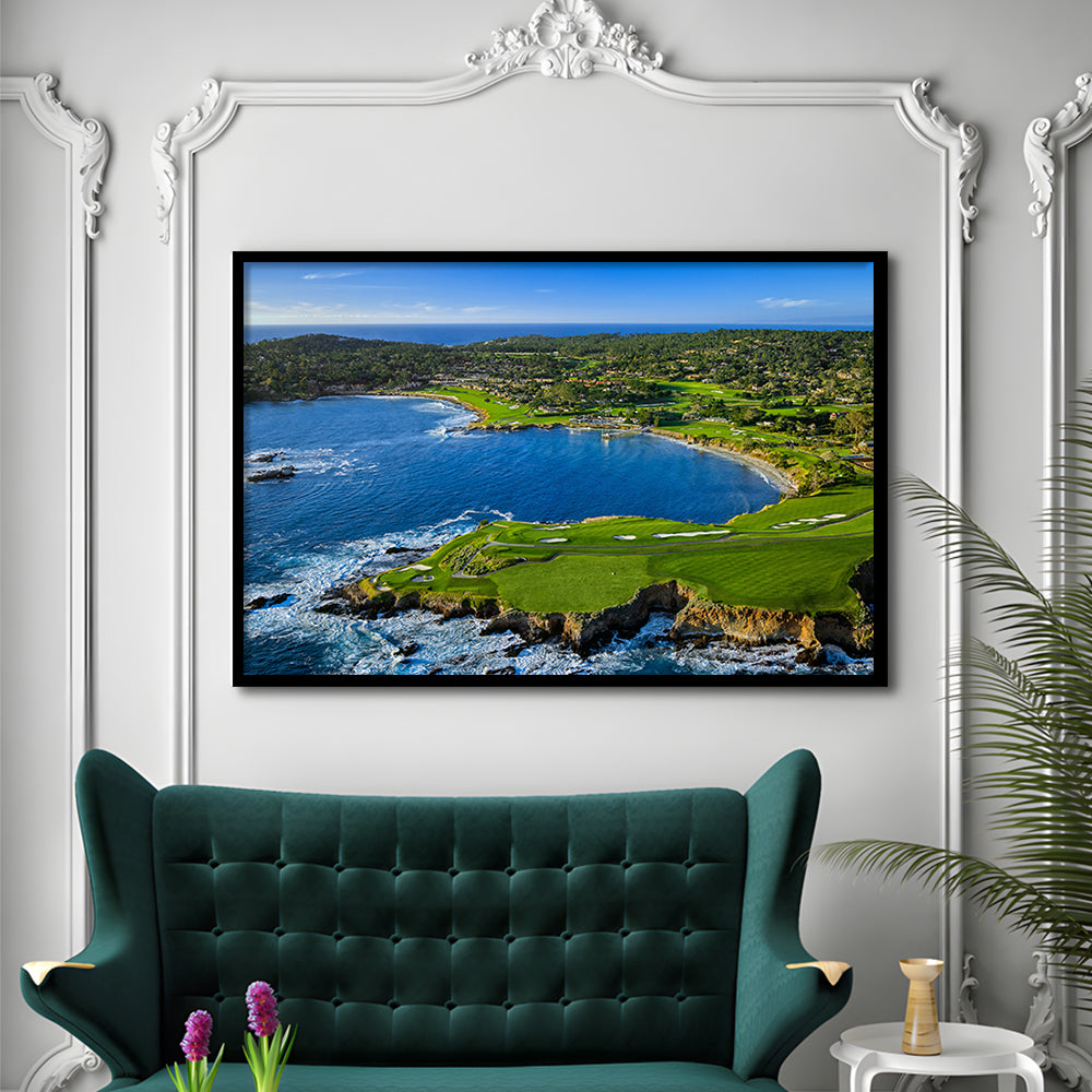 Pebble Beach Golf Links Aerial Hole 7 & 8, Arrowhead Point, California, Framed Art Print Wall Decor, Picture Framed